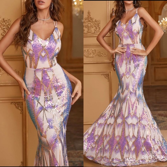 Luxurious Sequins Mermaid Backless Prom Evening Party Formal Gown Floor Dress - Picture 3 of 11